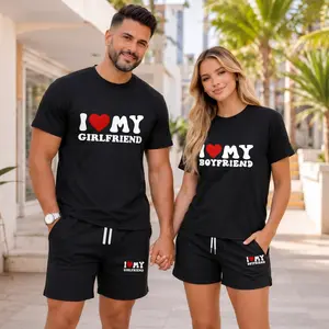 2-Piece Couples' Romantic Love Letter Matching Outfit - Women's & Men's Soft Everyday Fabric Crew Neck Short-Sleeve Tee & Drawstring Waist Shorts