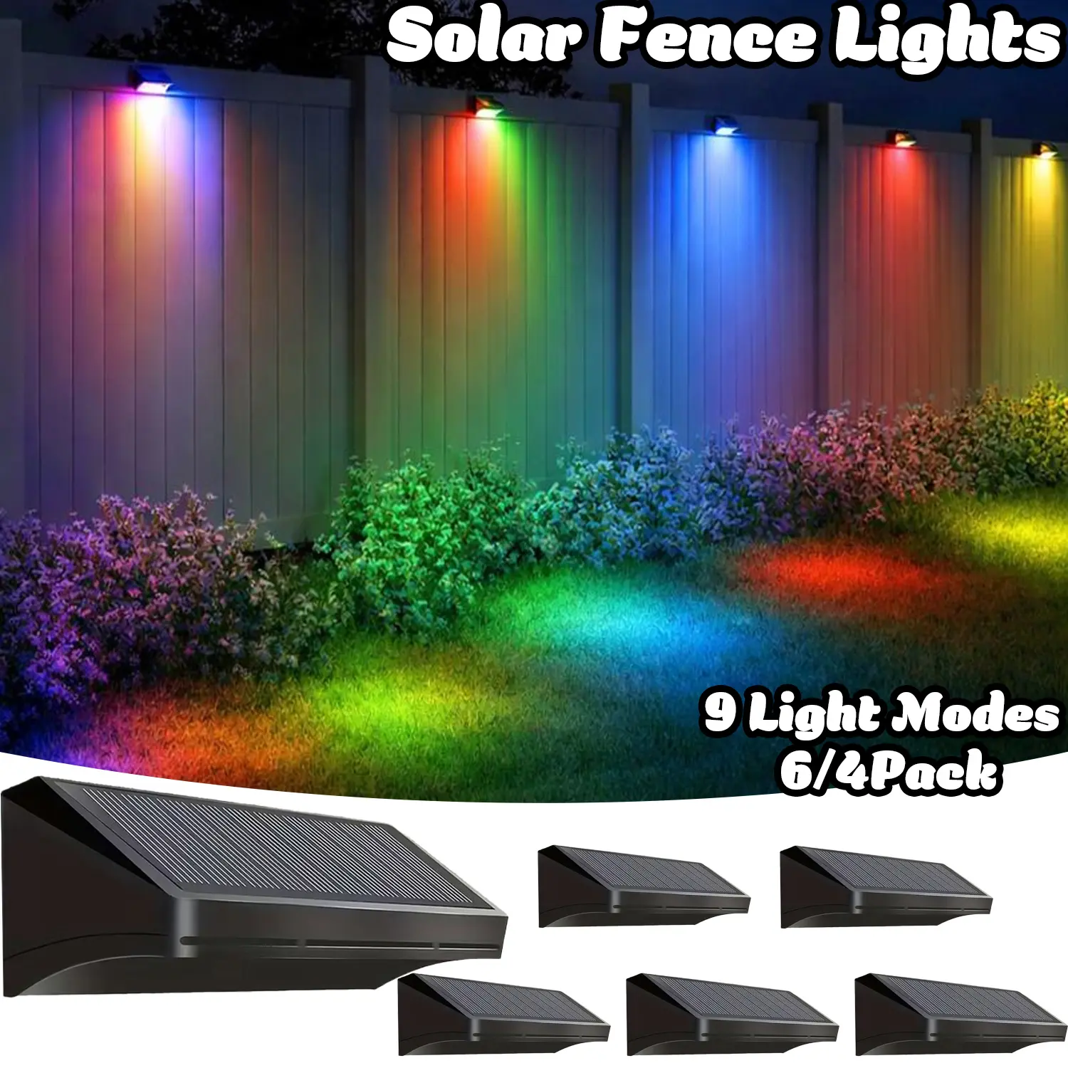 OutdoorSolar Fence Lights, IP44 Solar Wall Lights, Ultra-Bright LEDens, 9 Color Modes, Suitable for Decks/Backyards/Patios/Pools/Walls, Over 12 Hours of Continuous Glow