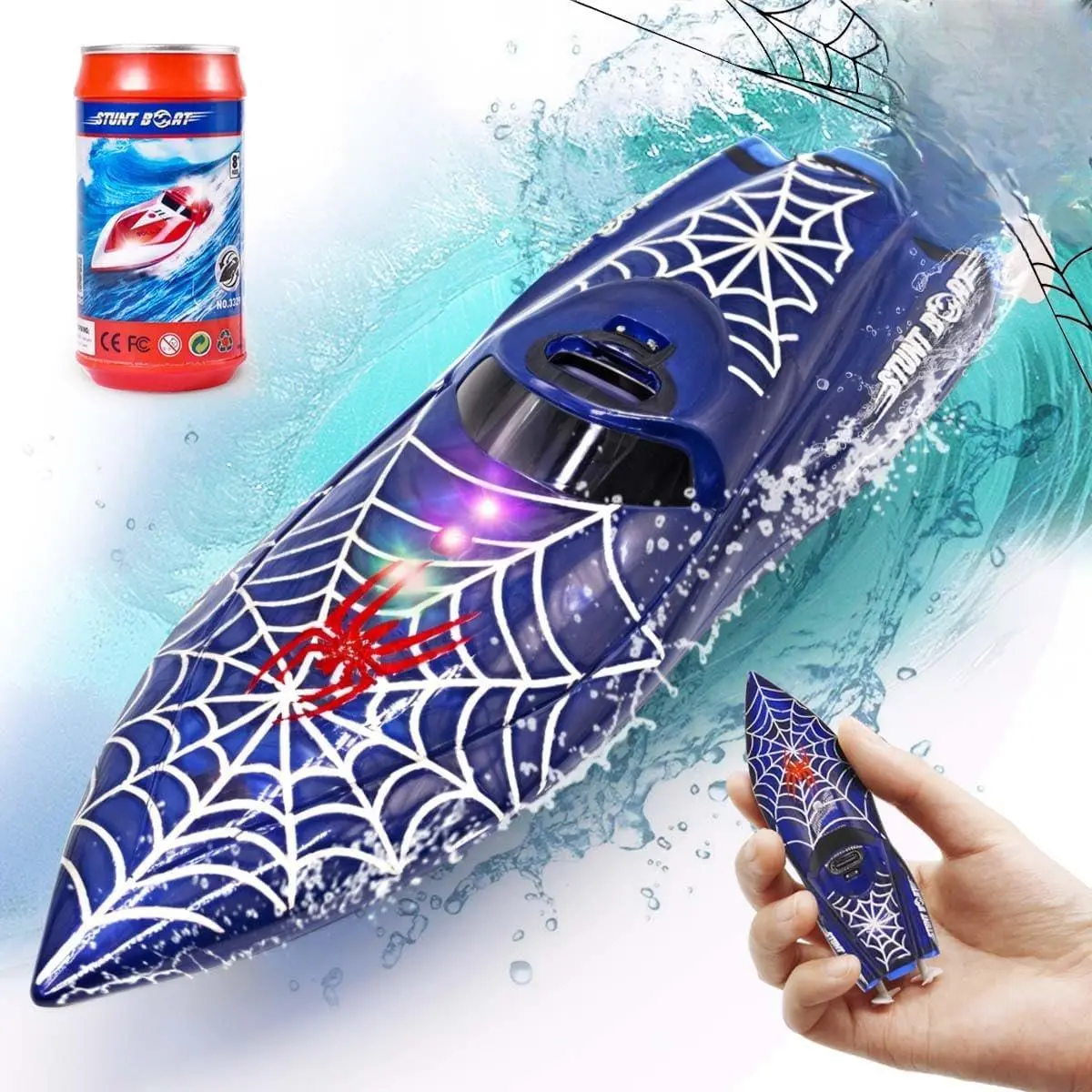 Mini Remote Control Boat RC Boat 2.4Ghz 360 Rotating LED Lights bulit-in Rechargeable Battery Swimming Pool BathtubToys Remote Control Boats for Kids 8-12 Years Birthday Gift Spider