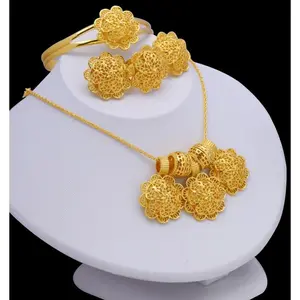 4-Piece 24K Gold Plated Filigree Jewelry Set Statement Necklace Earrings Adjustable Ring & Bangle Luxury For Women Versatile Occasion Wear