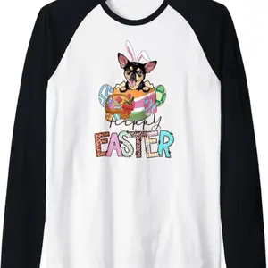 Happy Easter Peeking Black And Tan Chihuahua Bunny Dog Lover Raglan Baseball Tee