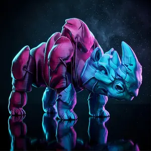 Cyber Rhino Sculpture, Futuristic Mechanical Style, 3D Printed Silk Material, Gradient Colors, Articulated Body, Desktop Decor, Multiple Colors Available