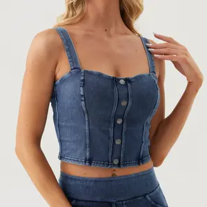 Cotrasen Womens Casual Denim Tank Top Square Neck Sleeveless Slim Fit High Stretch Built-in Bra Tank Top Summer Workout Yoga Daily Wear