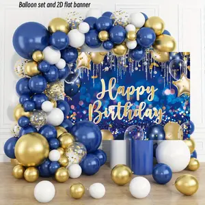 [holiday gifts][christmas gift] 101pcs Party Balloon Arch Kit - Birthday Balloon and 2D Flat Banner, including a 40X60 inch Happy Birthday Banner and Party Balloon Decoration, Blue Golden White, Festive Design for Wedding, Birthday, Anniver