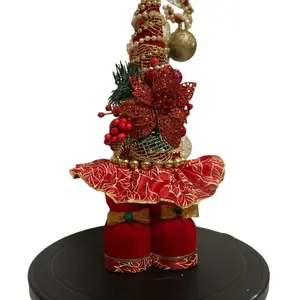 Beautiful Tiny Red Christmas Tree Decor - Red Poinsettia, Golden Ribbon, Felt Shoes, Pine Branches, Golden Sphere, Fabric Skirt, Handmade Craft Gift Decoration