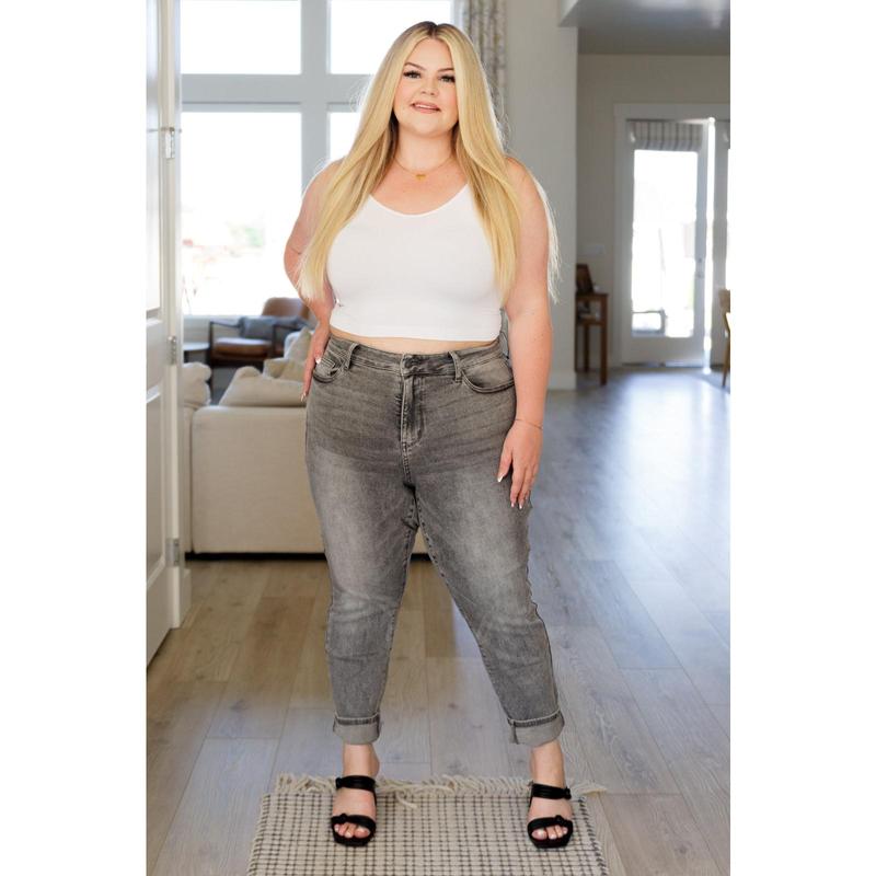 Judy Blue Charlotte High Waist Stone Wash Slim Jeans in Gray 88744, Stretchy Cotton Denim Womenswear Bottom, All Seasons, Last Few size  22/24