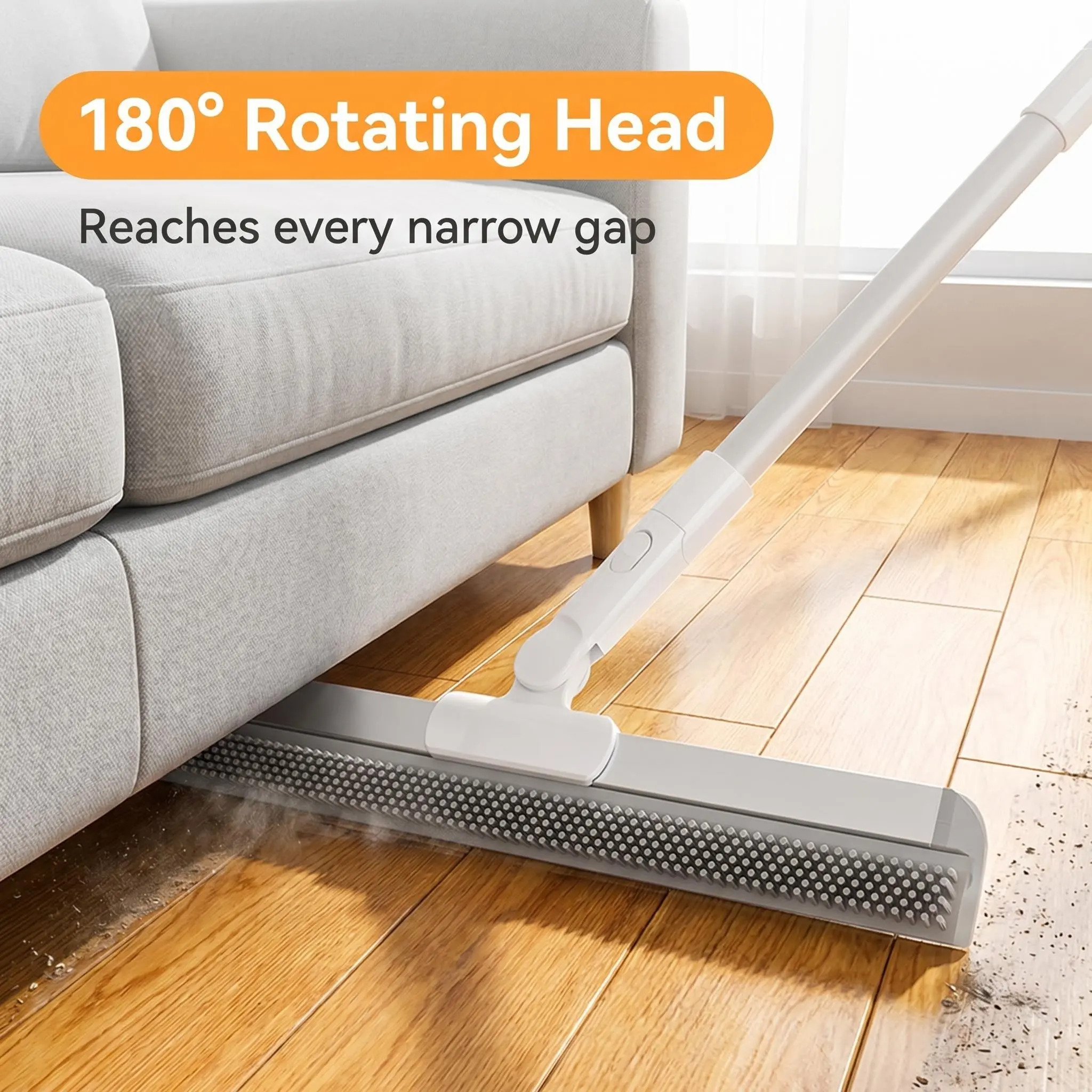Silicone Floor Squeegee Broom 4-in-1 Pet Hair Remover, 180° Rotating 21.7" Wide Head, Adjustable 48.8" Handle for Bathroom, Kitchen, Carpet & Glass