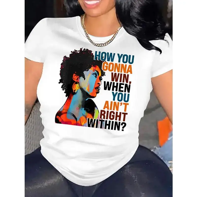 Women's Flat Short-Sleeve Casual Printed Round Neck T-Shirt - Relaxed Fit, African American Graffiti Portrait Print, Spring-Summer Wear, Polyester Knit Fabric (Unisex Option Available), Digital Print