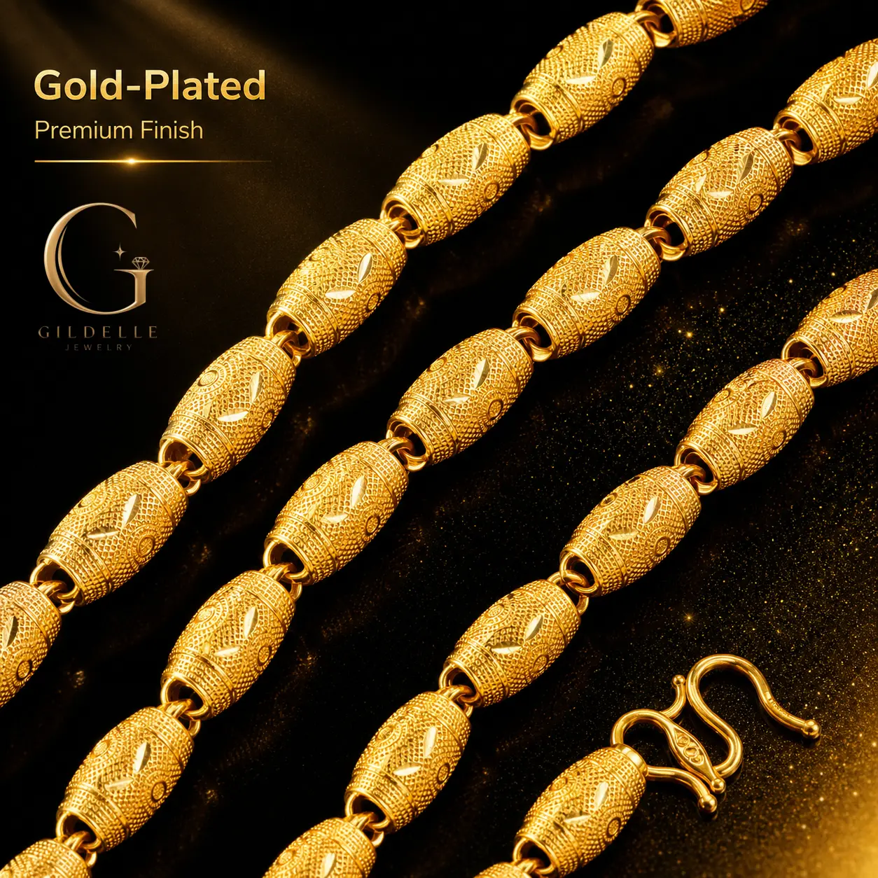 Gildelle 24K Gold Plated Copper Barrel Bead Chain Necklace, 25.6in Chunky Textured Statement Necklace for Men and Women, Vintage Hip Hop Jewelry