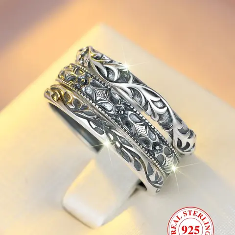 S925 Sterling Silver Vintage Embossed Ring with Box, 3 Counts Fashion Accessories for Women & Men, Trendy All-match & Exquisite Jewelry for Birthday Gift, Vintage Rings, Vintage Inspired Ring