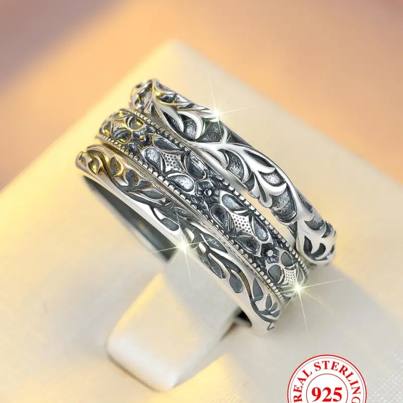 S925 Sterling Silver Vintage Embossed Ring with Box, 3 Counts Fashion Accessories for Women & Men, Trendy All-match & Exquisite Jewelry for Birthday Gift, Vintage Rings, Vintage Inspired Ring