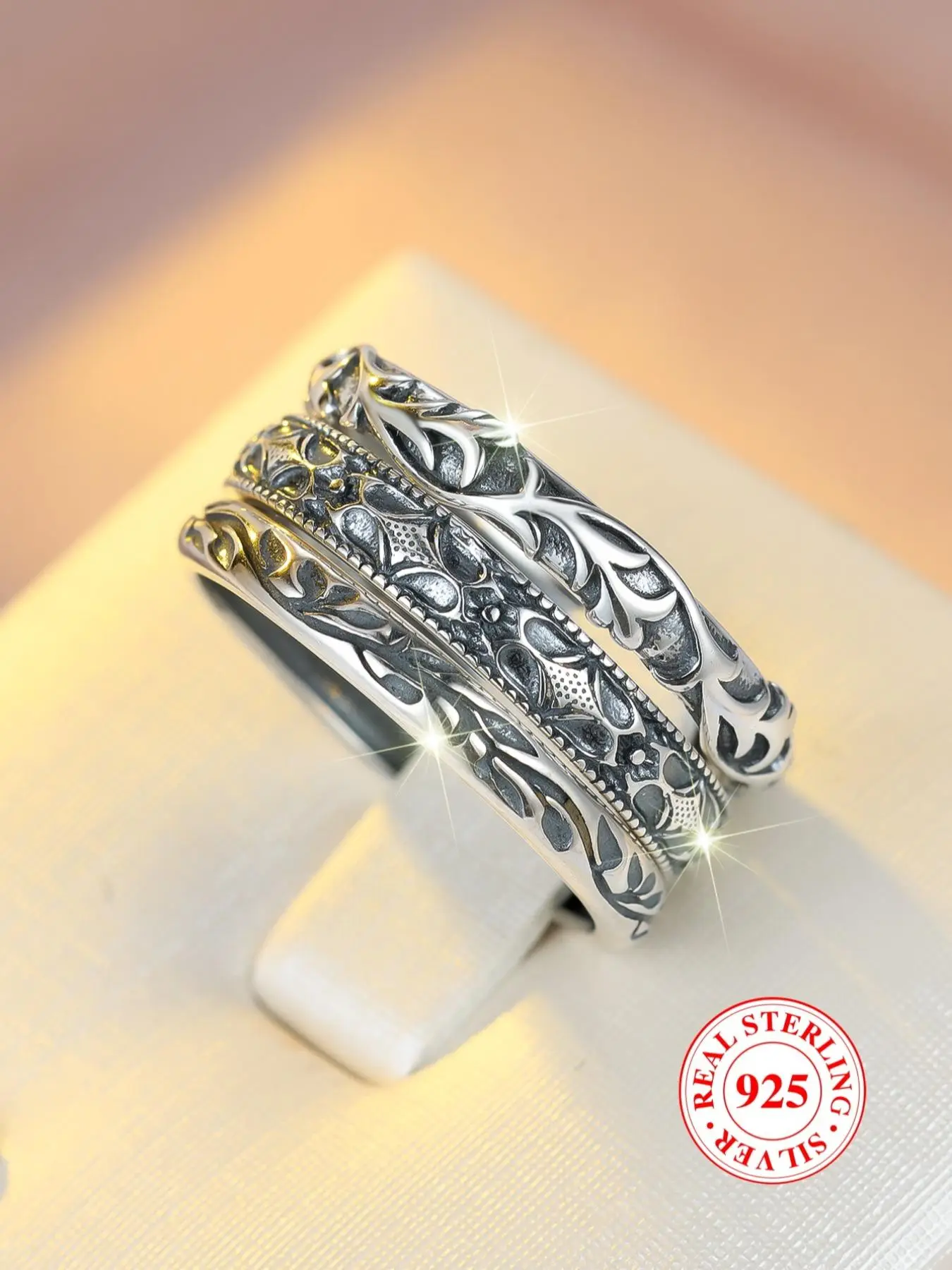 S925 Sterling Silver Vintage Embossed Ring with Box, 3 Counts Fashion Accessories for Women & Men, Trendy All-match & Exquisite Jewelry for Birthday G