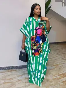 African Style Traditional Women's Dress, Striped Print Loose Fit Ethnic Boubou Kaftan, Elegant Fashion Rhinestone Party Daily Beach Vacation Casual Dress with Pockets 2026