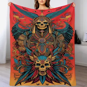 Aztec Eagle Warrior Skull Throw Blanket, Native American Art, Red & Teal Tribal Design, Ultra Soft Flannel, Boho Gothic Home Decor