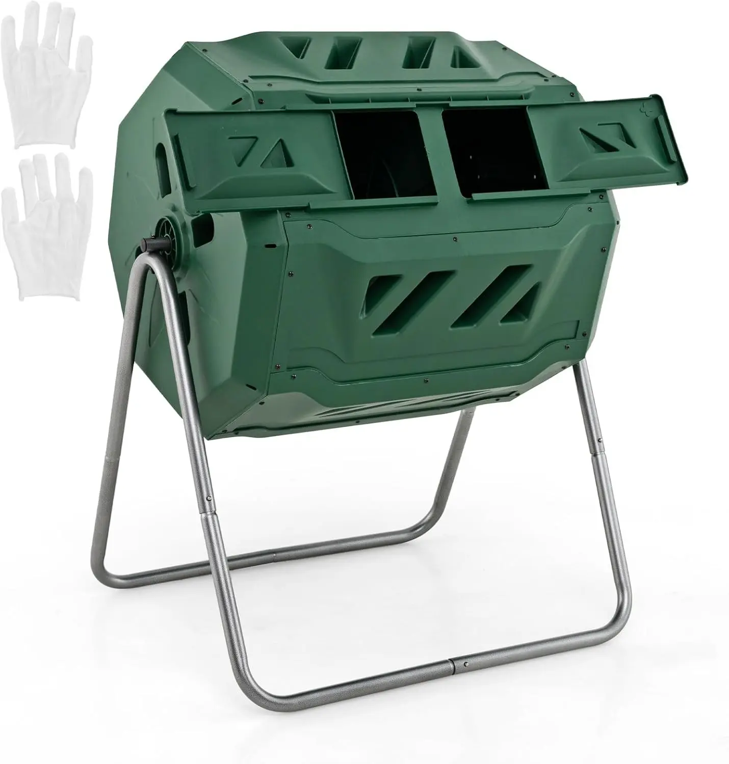 Compost Tumbler, 43 Gallon Rotating Compost Bin Barrel, Dual Chamber Tumbling Composter with Sliding Door, Gloves, Aeration System for Outdoor, Garden, Yard