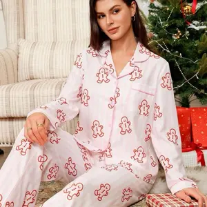 Gingerbread Pj Set - Pink with Red Gingerbread Print for Cozy Christmas Nights