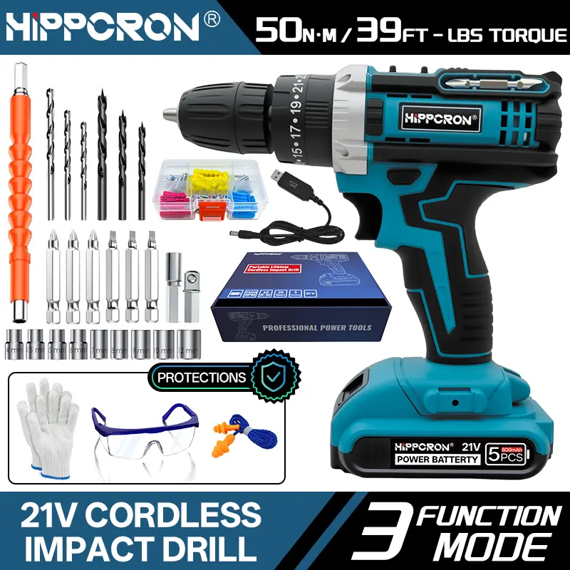 HIPPCRON 21V Cordless Impact Drill Driver Kit, 50N-m Torque, 25 Gears, 3 Function Settings, 3/8" Keyless Chuck, LED Light, Compact Pro Tool for Home Improvement & Auto Repair