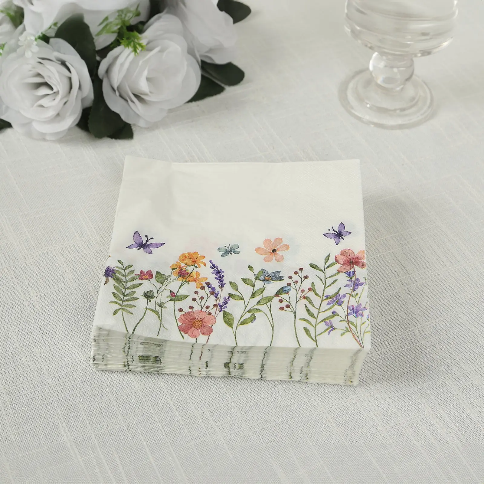 50-Pack 2-Ply Disposable Square Paper Cocktail Napkins, 6.5"x6.5" Floral Wildflower Butterfly Design, Soft Absorbent Tableware for Restaurants, Birthday Events & Home Hostesses, Disposable Napkins, Multipack Napkins