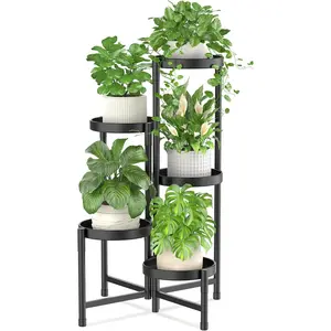 Plant Stand Indoor Outdoor, 5 Tier Corner Metal Flower Display Holder Shelf, Easy Assembly Folding Tall Orchid Rack for Patio Balcony Porch Garden Living Room House, Black