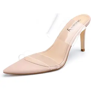 vivianly Clear Pointed Toe Heels Sandals Transparent Strap Stiletto High Heels Slip on Mules for Women