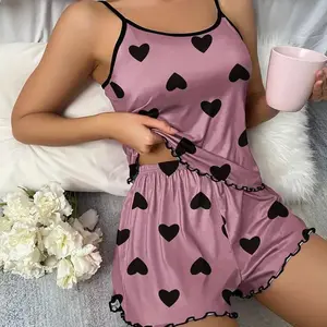 Suri women pajamas sleepwear pajama set camisole shorts pink heart print scoop neck cami top Ice Silk comfortable casual summer