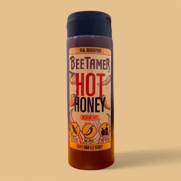 BeeTamer's Hot Honey - 100% Natural Honey Infused with Chile de Arbol, Ancho, Pure Mother Vinegar, 12oz Squeeze Bottle, Pizza Wings Fried Chicken