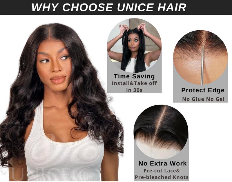 UNice Pre Everything Body Wave Wig with Drawstring Glueless 13x4 HD Lace Frontal Human Hair Wigs with Natural Hairline Easy Install Loose Wave Wig for Women