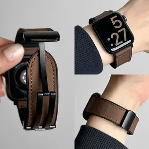 Premium Leather-Wrapped Watch Band for Apple Watch (S9/SE2/S10) — "Crazy Horse" Texture, Foldable Magnetic Clasp, Sophisticated Style
