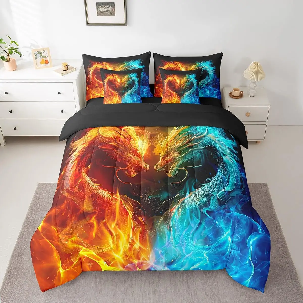 Feelyou 7-Piece Fire and Ice Dragon Bedding Set - Dragon Comforter with Sheets, Wild Animal Themed Safari Decor for Bedroom, Decorative Bedding Set, Bedroom Bedding Set