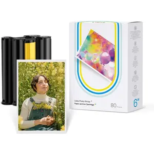 Photo Printer 80 Sheets Photo Paper & 2 Ink Cartridges Refill, Dye Sublimation, Water Oxidation-Proof, Only For DHP512,DHP513 Printer, for Display, Framing, Scrapbook