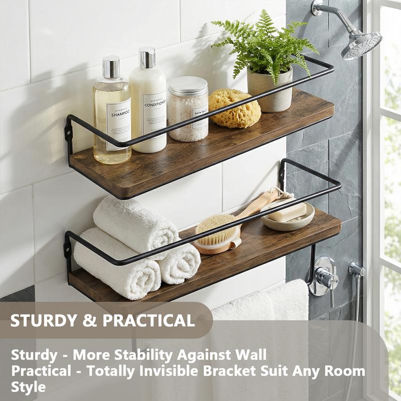 Spaco 15.7'' Floating Shelves - Set of 2, Wall Mounted Hanging Shelves with Black Towel Rack, Decorative Storage Shelves for Bathroom, Kitchen, Living Room & Bedroom