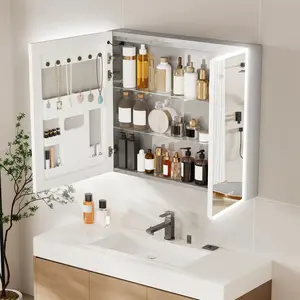 Lighted Mirror Cabinet LED Illuminated Bathroom Mirror Cabinet with Dual Bluetooth Speakers Wall Mounted Medicine Cabinet with Jewelry Storage, Defogger