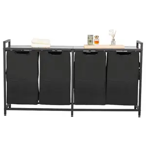 fathersdaygift VEVOR 4 Section Laundry Sorter, Large Laundry Hamper with Metal Frame and Wooden Tabletop, Freestanding Storage Organizer Baskets with Pull-Out 600D Oxford Cloth Bags for Dirty Clothes, Bathroom