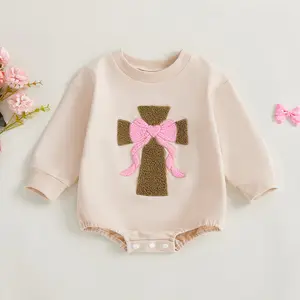 Newborn Infant Baby Girls Easter Sweatshirt Romper Long Sleeve O Neck Bow Jesus Cross Embroidery Onesie Bodysuit 0-18 Months