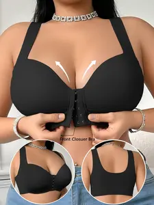 Single-piece pack of women's solid color Elegant plus-size front-closure bra with shell-patterned trim, one-piece wide shoulder straps, non-removable pads, wire-free, smooth finish. Women's plus-size bras and lingerie