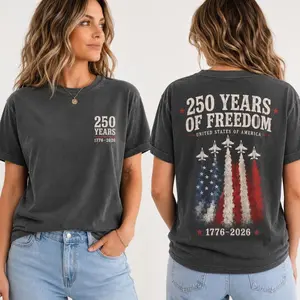 America 250 Shirt, 1776 to 2026 Fighter Jet Tee, Front and Back Print Patriotic Top, 4th of July Shirt, Trending 4th of July Day Tee, Casual Outfit, Comfortable Menswear & Womenswear Top, Perfect Gift For Men and Women, Ju4