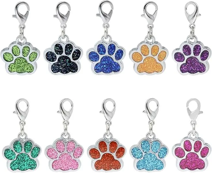 10PCS Glitter Paw Print Charms – Cute Enamel Alloy Dog Paw Pendants with Lobster Clasps for Jewelry Making, Keychains & DIY Craft Accessories