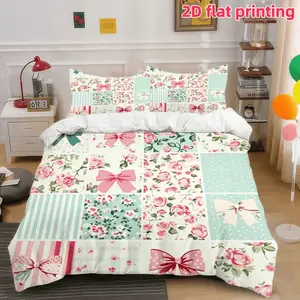 2D Flat 3Pcs Shabby Chic Rose Floral Patchwork Quilt, Vintage Pink Bow Tie Pattern Bedding for Romantic Cottagecore Bedroom Decor (1 Duvet Cover + 2 Pillowcases, No Insert) - Perfect Gift Teens Girls Women