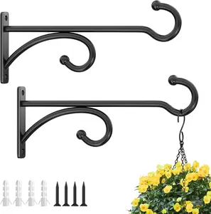 8-Inch Planter Hooks for Hanging  -  Hanger Hook Indoor Outdoor,  Wall Hooks, Brackets for Hanging , Baskets, Wind Chime, Bird Feeder, Bird House (Black, Metal, 2 Pack)