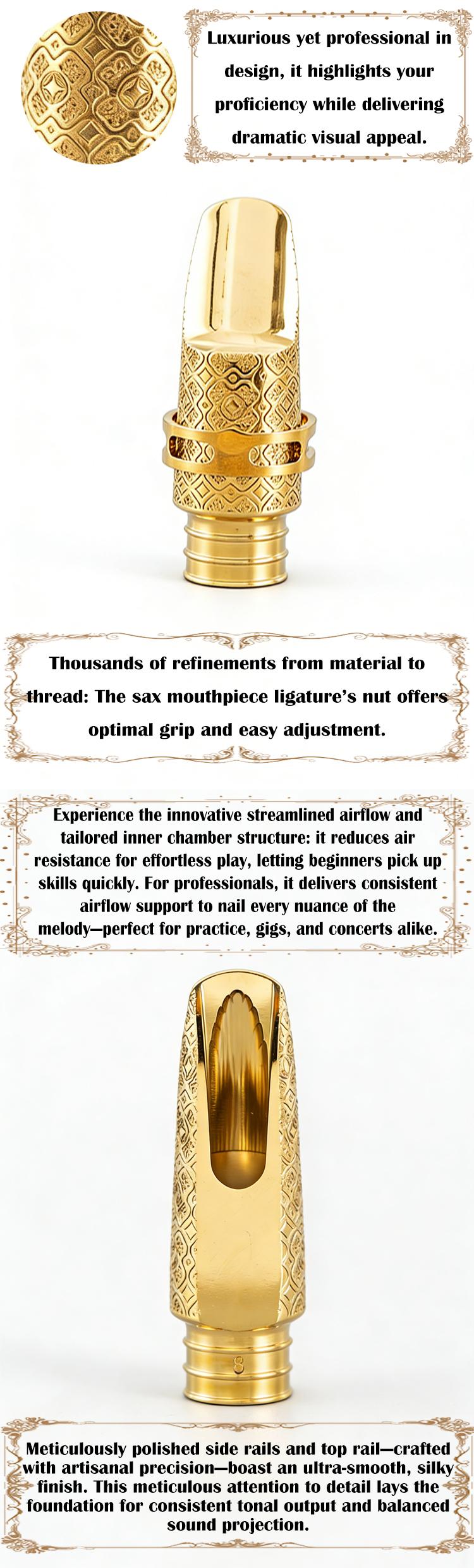 Luxury Gold Engraved Soprano Saxophone Mouthpiece, Professional Metal Sax Mouthpiece with Ligature for Beginner & Pro Players, Easy Blowing Clear Tone drums Strap Brass Carving Pattern bari tonesaxophone otama sopranosax news axophone alto saxo ph hne