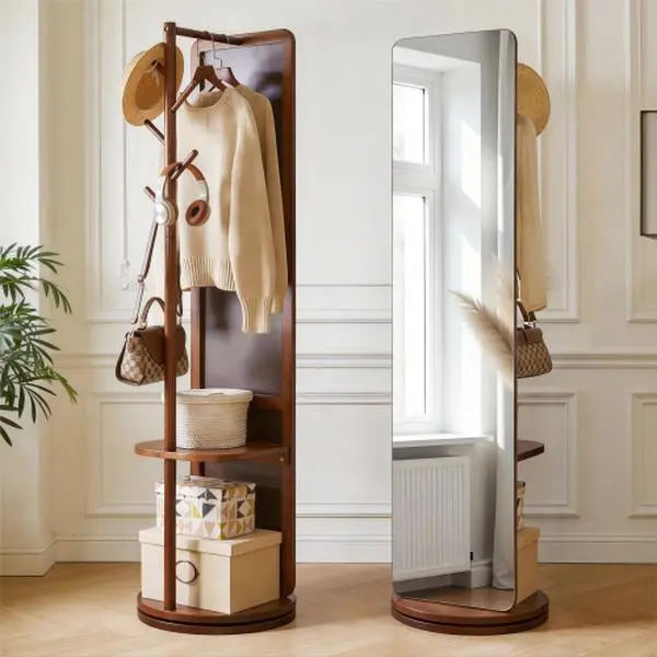 Bellemave Elegant Freestanding Solid Wood 360-Degree Rotating Full-Length Glass Mirror, with Hanging Clothes Rack and Storage Shelf, for Bedroom, Home Decor