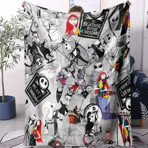 Christmas Night Terror Jack & Sally Blanket, Soft Comfortable Flannel Bed Throw, Gothic Fantasy Christmas Element, Ideal for Bedroom Living Room Gift