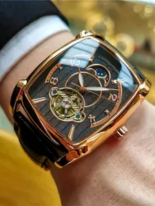 Men's Tourbillon Skeleton Mechanical Watch, High-End Business Casual Style Analog Barrel Dial, Durable Alloy Case with Buckle Closure, Skeleton Watches