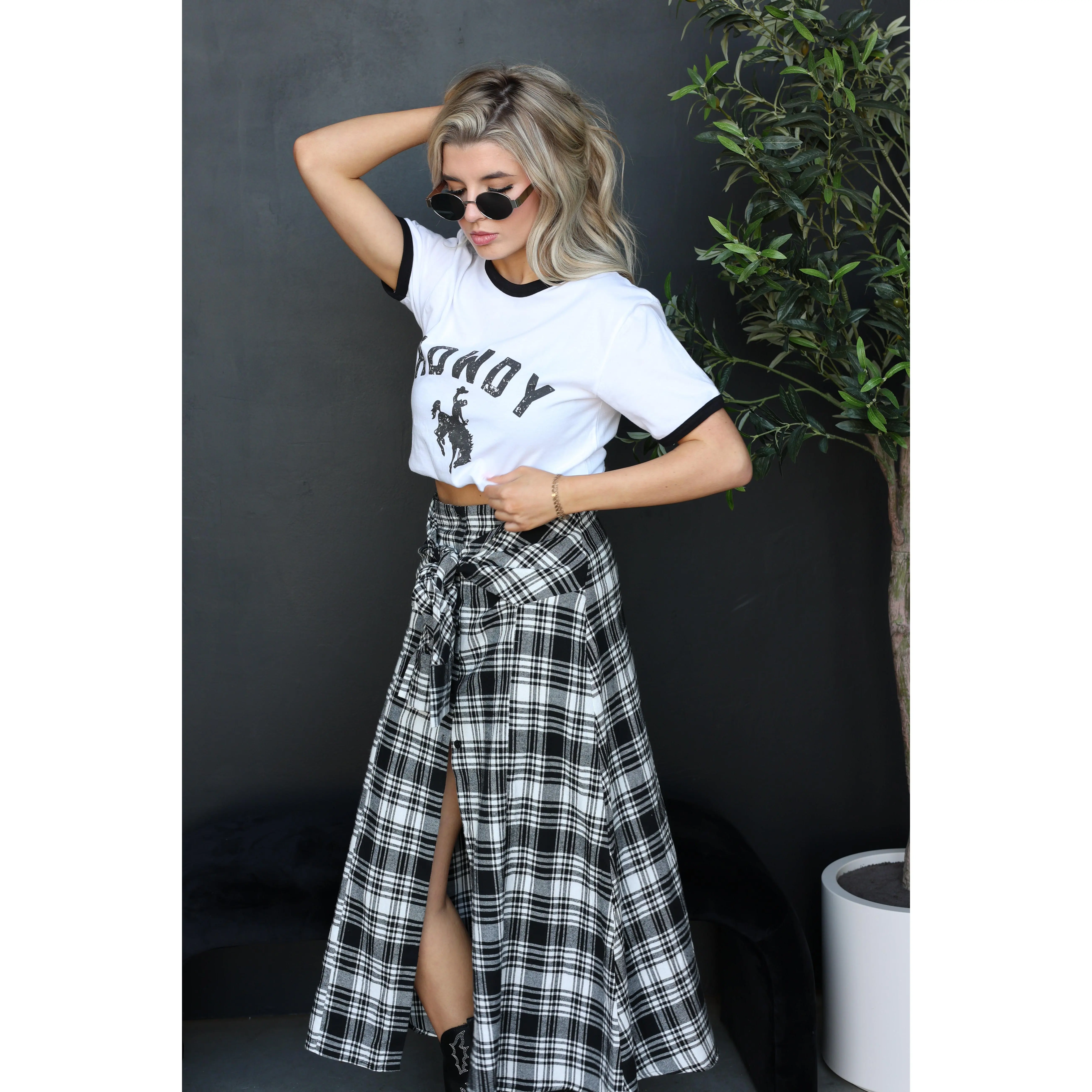 Haven Pleated Plaid Tie Skirt