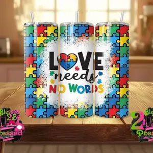 Autism Sublimation 20oz Cup Wrap - Fun Puzzles with Love Message, Colorful Design, Ideal for Gifts and Personal Use - Bottle, Drinkware
