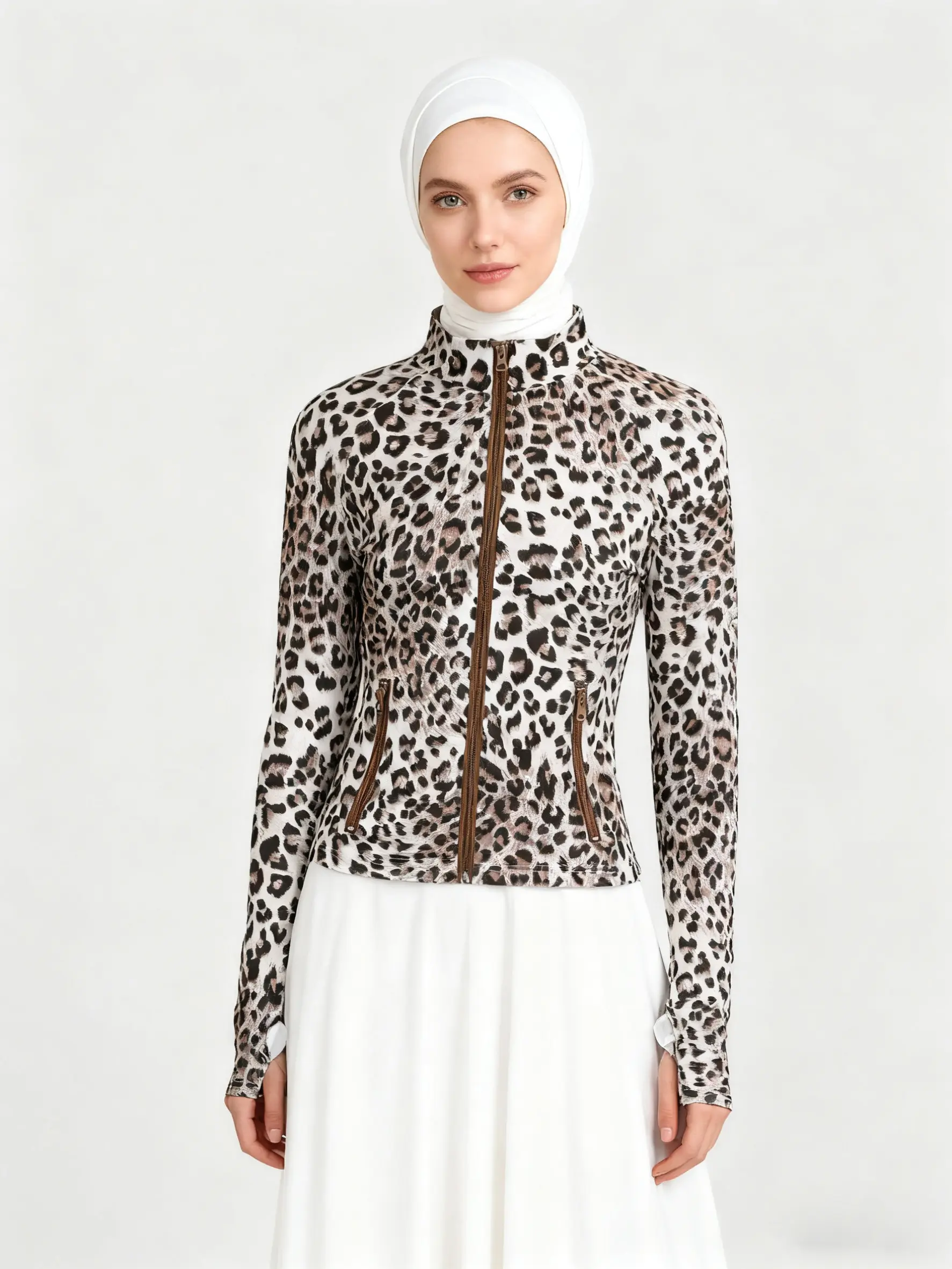 Women's Slim-Fit Leopard Print Jacket, Zipper Collar Baseball Style Top, Short Fall Winter Coat, Elegant Party Clubwear, Casual Street Wear