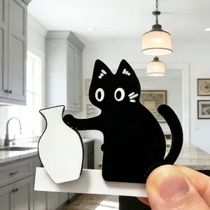 Cute Cat Refrigerator Magnets - Adorable Black Cat Pushing Bottle, Cat Vase Fridge Magnet with Whisker Storage, Cat Accessories, Home & Office Decoration
