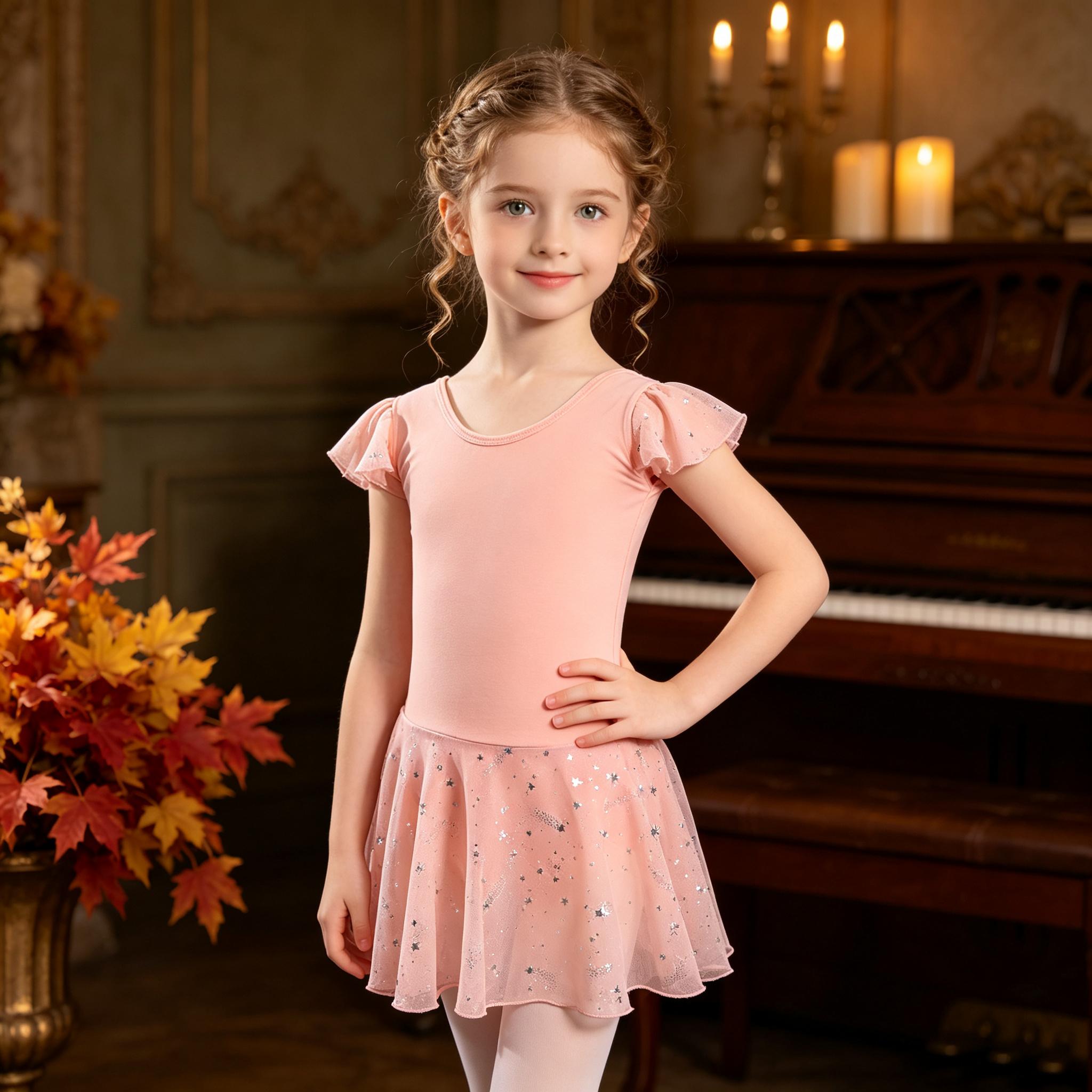 Kids Ballet Dance Outfit, Flutter Short Sleeve Star Sequin Tulle Skirt Leotard, Girls Dance Costume For Ballet Class, Stage Performance, Party Show, Daily Practice