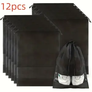 12 black large travel shoe bags with drawstring design, durable, foldable, reusable non-woven storage bag, unisex shoe storage bagRAIMENTRY