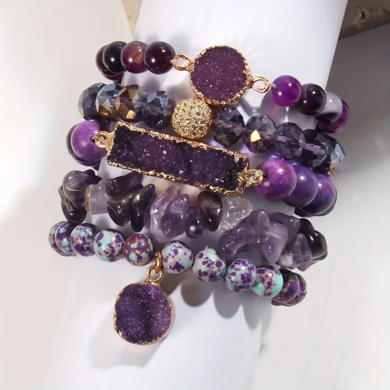 [Natural Stone Beads Bracelet] 5pcs Stackable Natural Stone Beads Beaded Bracelet Set, Colorful Multi-Layer Handmade Stretch Bracelets, Featuring Natural Amethyst And Natural Purple Agate Charm, Fashion Boho Jewelry for Women bracelet stack